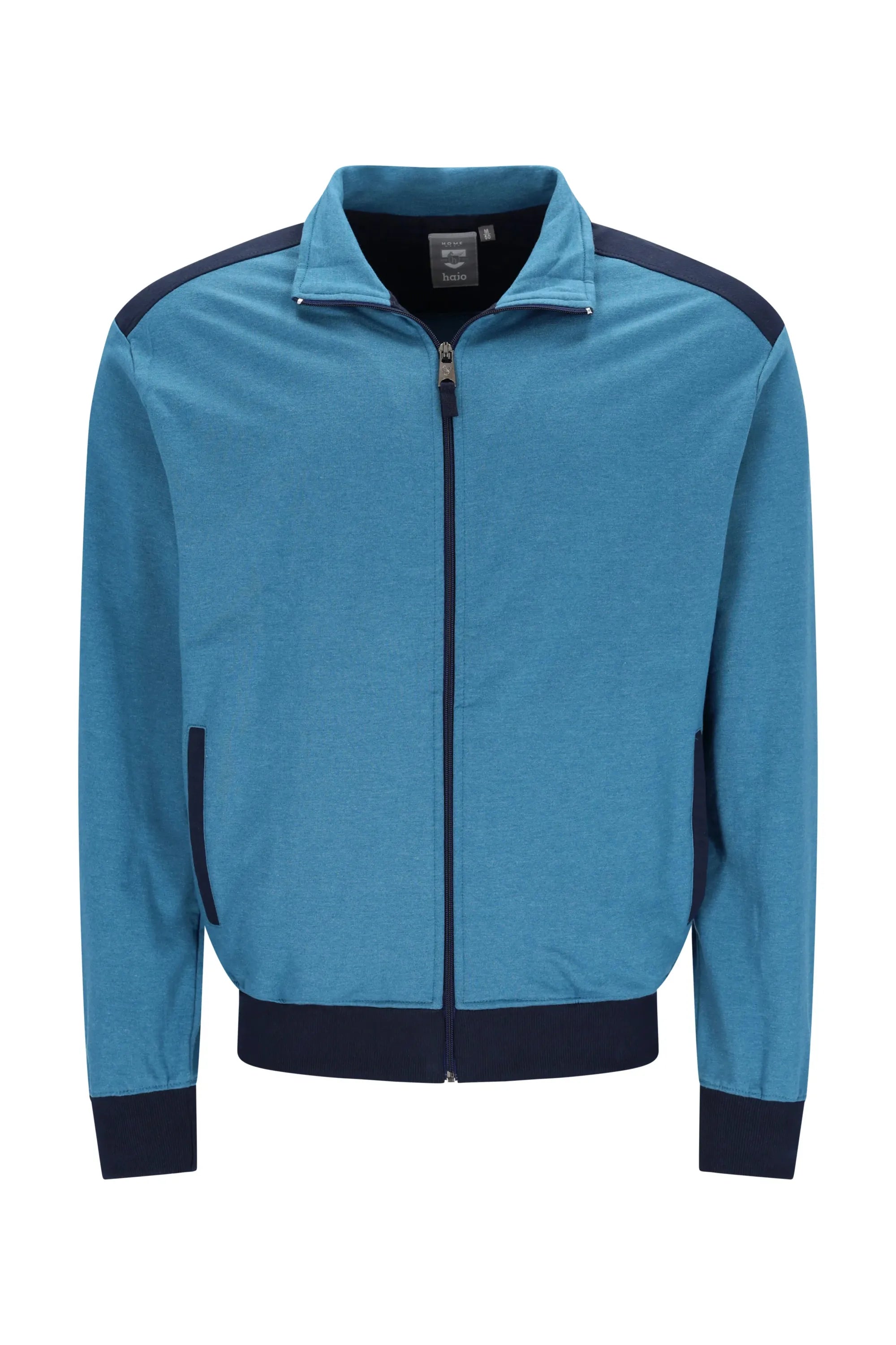 Herren Freizeitanzug: Blaue und marine Trackjacke mit Kontrastschultern, Rippbündchen