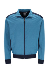 Herren Freizeitanzug: Blaue und marine Trackjacke mit Kontrastschultern, Rippbündchen