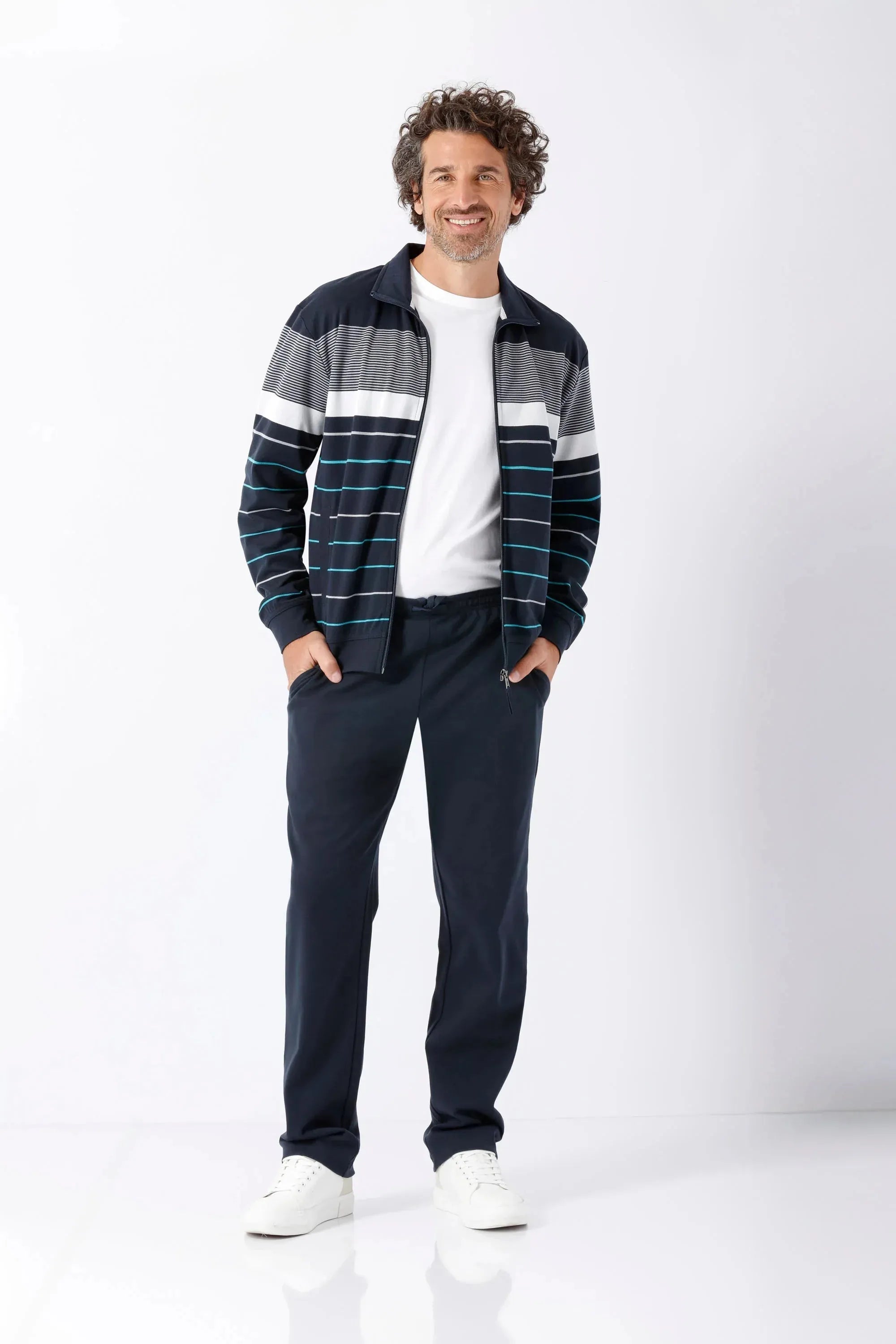 Herren Freizeitanzug Klima Komfort Original: marine-grauer gestreifter Zip-Jacket
