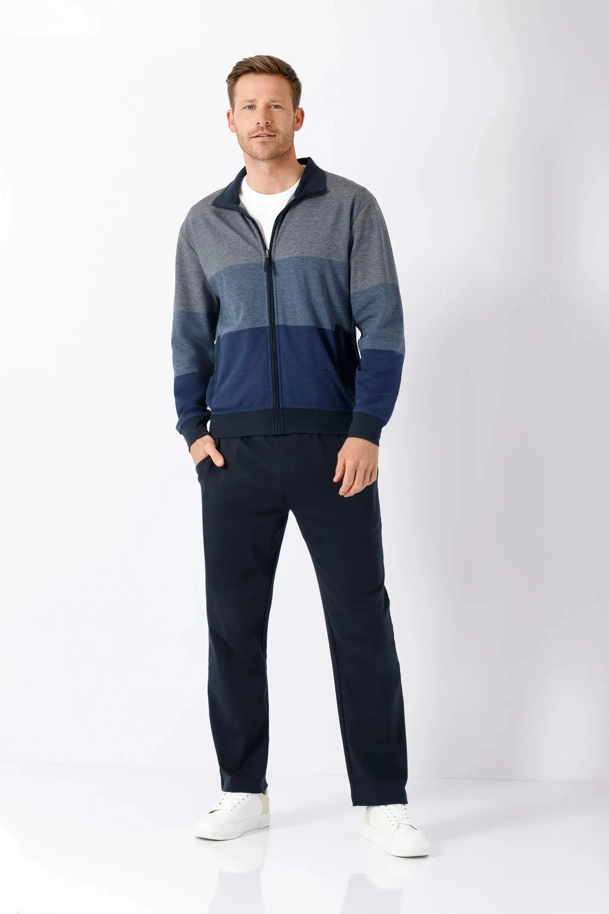 Herren Freizeitanzug Klima Komfort Original: Marine-grauer gestreifter Track-Jacket vorne