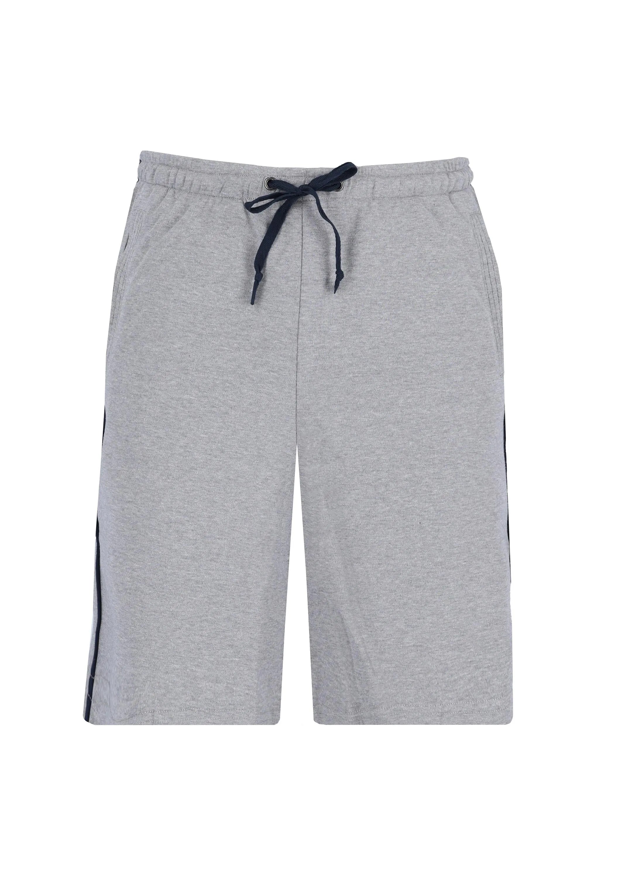 Hellgraue Sportshorts mit schwarzem Kordelzug und Seitenstreifen, wahrscheinlich aus Baumwolle oder Polyestergemisch.
