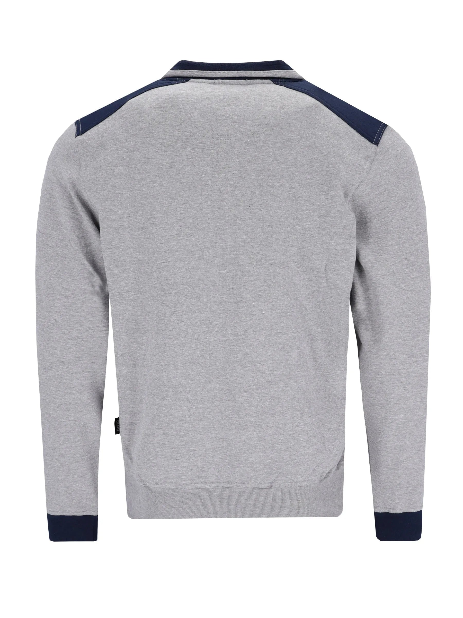 Grau meliertes herren homewear jacke mit navyblauen kontrastpanelen an schultern und bündchen klima komfort