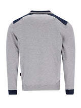 Grau meliertes herren homewear jacke mit navyblauen kontrastpanelen an schultern und bündchen klima komfort