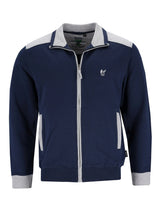 Navyblaue und graue zipjacke herren homewear mit weißem logo und klima komfort für angenehme wärme