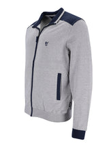 Herren homewear jacke grau und marineblau mit zip, kontrastierenden schulterpaneelen und kleinem logo auf der brust