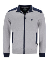 Graue und marineblaue herren homewear jacke mit reißverschluss, kontrastierenden schulterpaneelen, rattstulpen und seitentaschen
