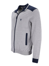 Herren homewear jacke grau und marineblau mit zip, kontrastierenden schulterpaneelen und kleinem logo auf der brust