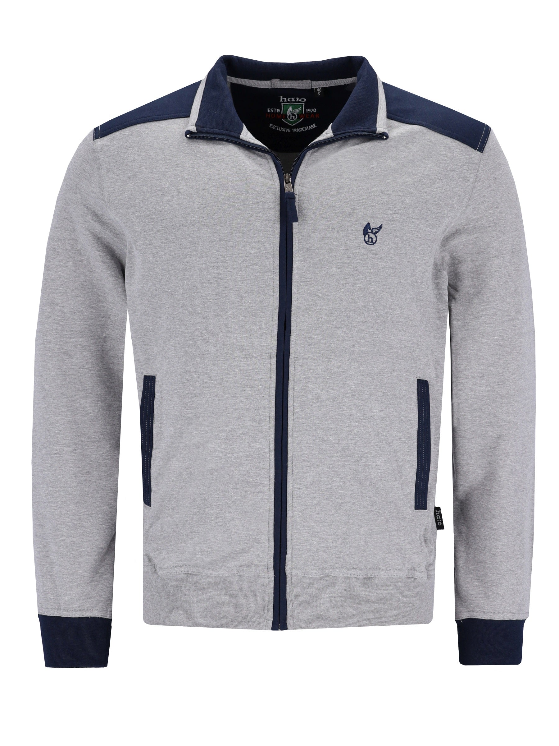 Graue und marineblaue herren homewear jacke mit reißverschluss, kontrastierenden schulterpaneelen, rattstulpen und seitentaschen