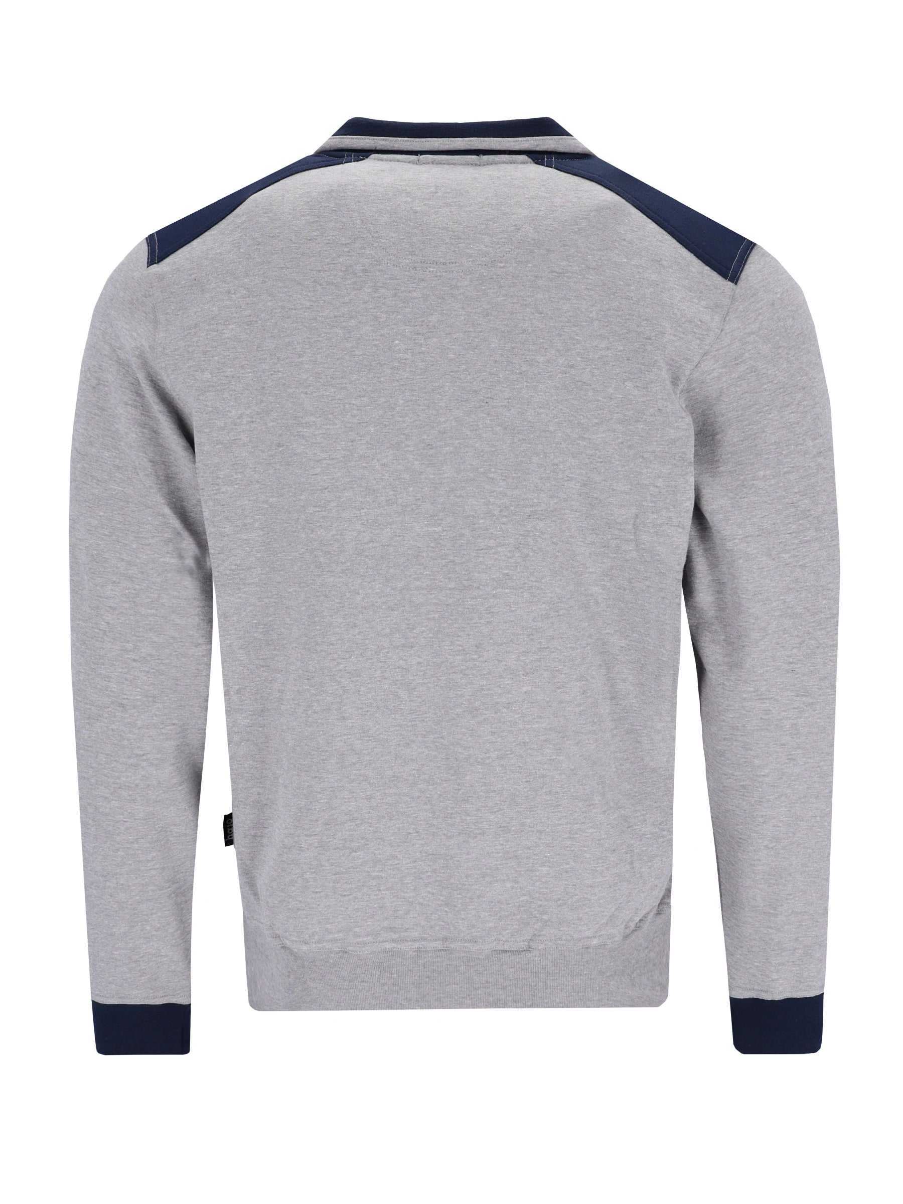 Grau meliertes herren homewear jacke mit navyblauen kontrastpanelen an schultern und bündchen klima komfort