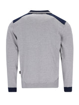 Grau meliertes herren homewear jacke mit navyblauen kontrastpanelen an schultern und bündchen klima komfort
