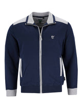 Navyblaue und graue zipjacke herren homewear mit weißem logo und klima komfort für angenehme wärme