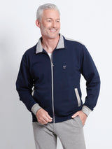 Herren homewear jacke klima komfort in marineblau mit grauen akzenten an kragen ärmeln und seitentaschen