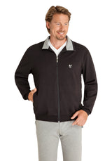 Schwarze Zip-up-Golfjacke mit silbernen Akzenten und Logo.