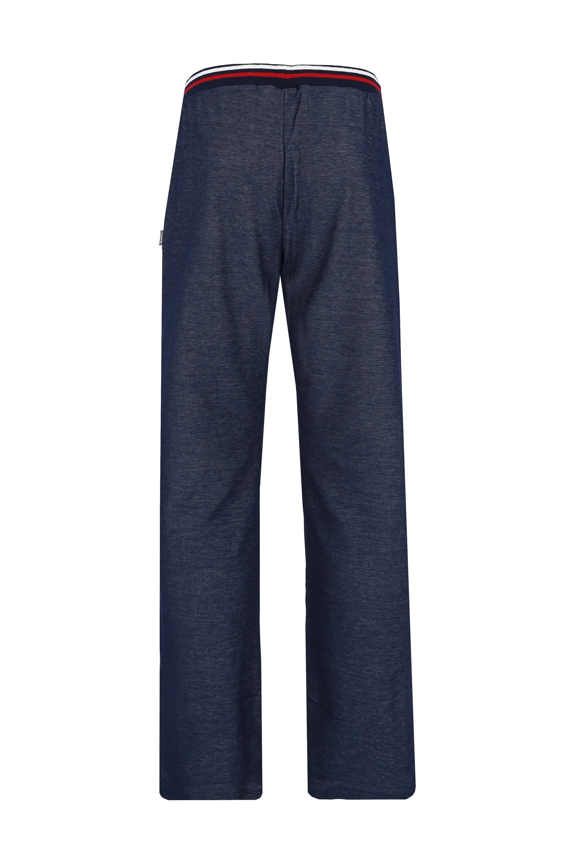 Marineblaue strukturierte Hose mit rot-weiß gestreiftem Bund, möglicherweise von Dockers.