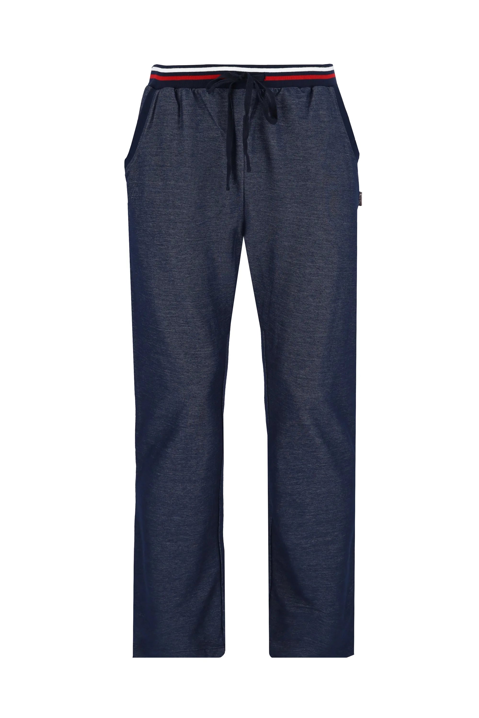Marineblaue Hose mit Kordelzug und roten und weißen Akzenten, wahrscheinlich aus Baumwolle oder einem Polyestergemisch.