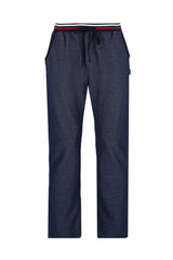 Marineblaue Hose mit Kordelzug und roten und weißen Akzenten, wahrscheinlich aus Baumwolle oder einem Polyestergemisch.