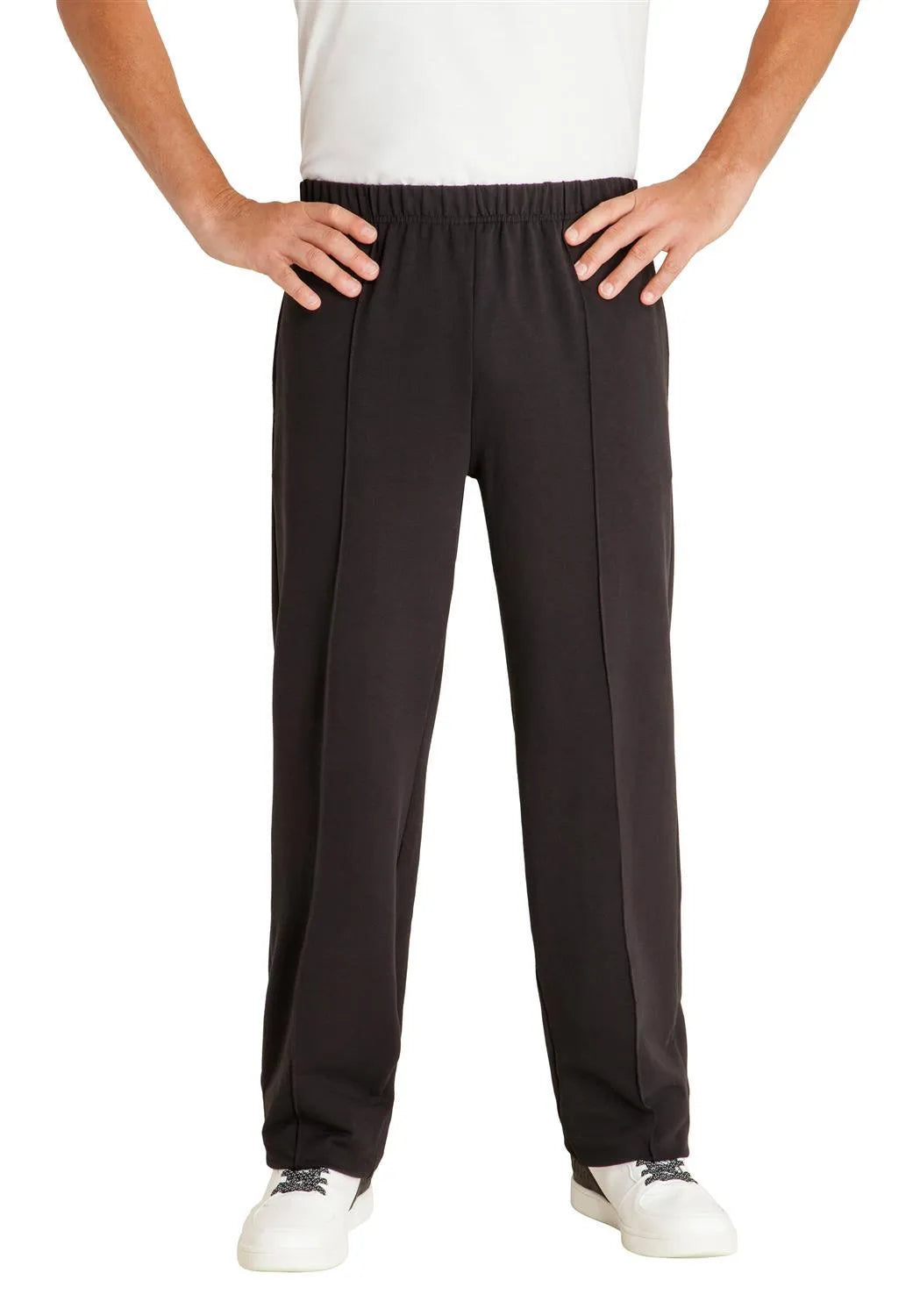 Schwarze Hose mit Kordelzug, elastischem Bund und Taschen, wahrscheinlich aus Baumwolle oder Polyestergemisch.