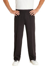 Schwarze Hose mit Kordelzug, elastischem Bund und Taschen, wahrscheinlich aus Baumwolle oder Polyestergemisch.
