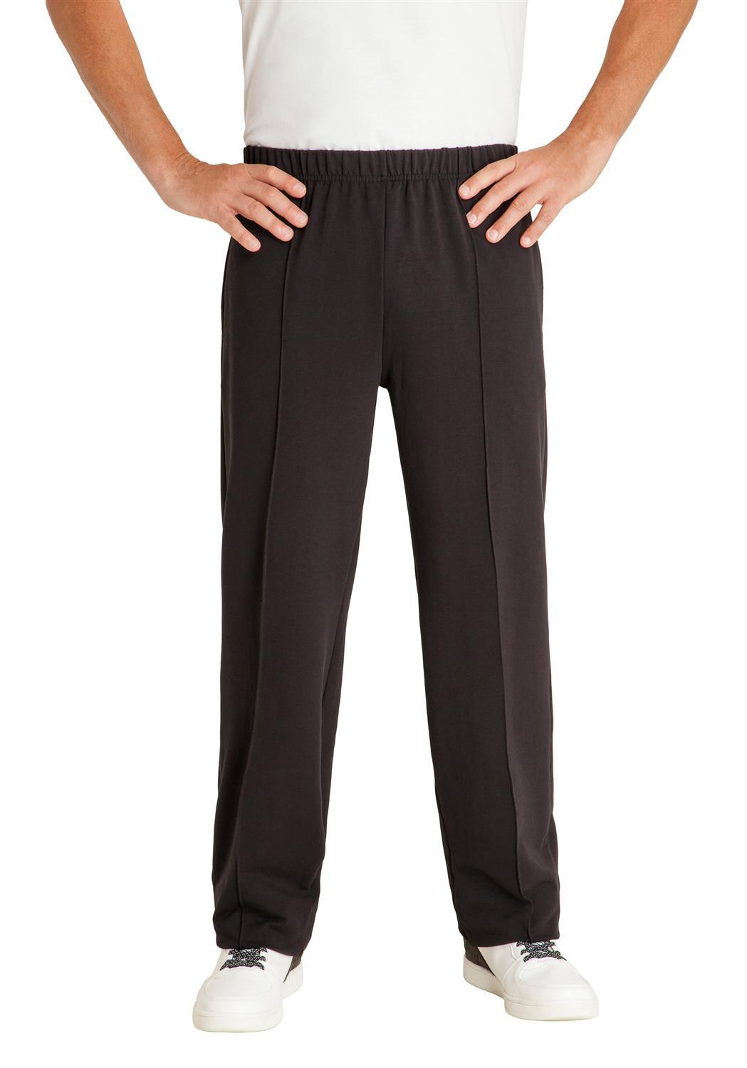 Schwarze Hose mit Kordelzug, elastischem Bund und Taschen, wahrscheinlich aus Baumwolle oder Polyestergemisch.