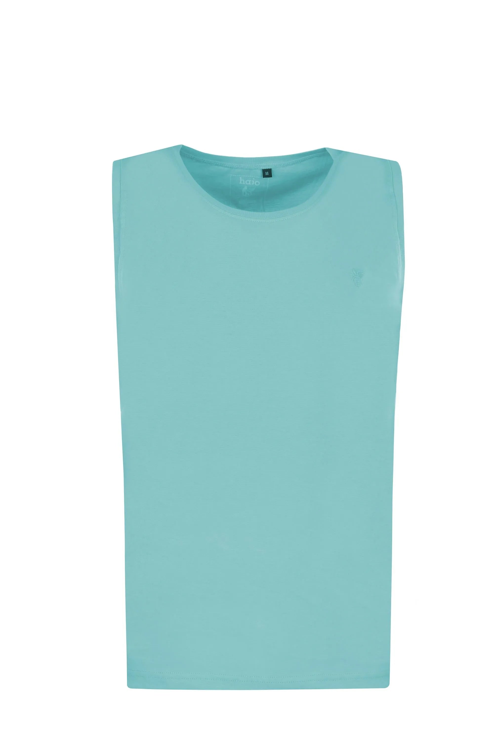 Herren muskelshirt minimalistisches helles türkisfarbenes kurzarmshirt aus weicher baumwolle mit dezisem brandetikett