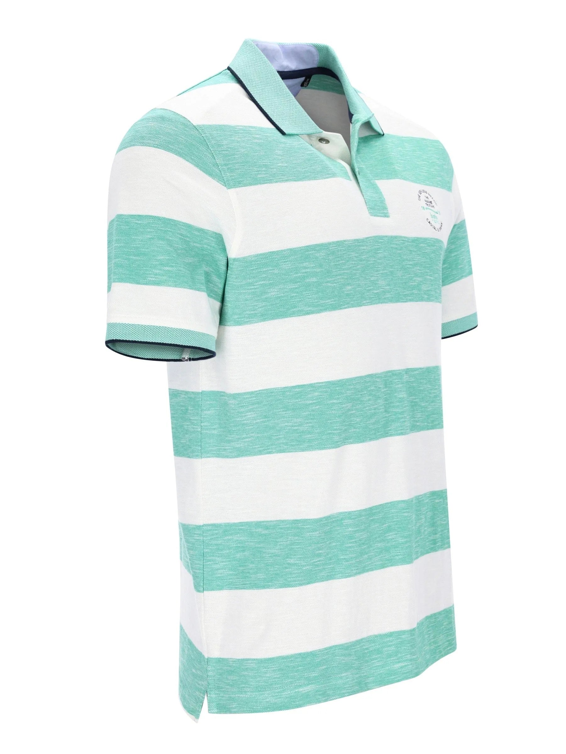 Herren polopiqué Riviera Polo kurzarm mit mintgrünen und weißen streifen sowie dunkelblauem kragen und Ärmelabschluss