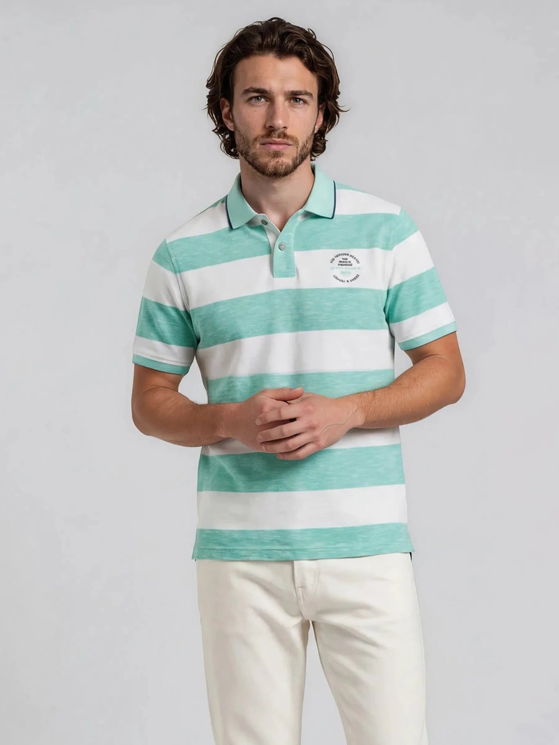 Herren Polopiqué Riviera Polo mit kurzarm, mintgrün-weiß gestreift und kleinem logo links auf der brust