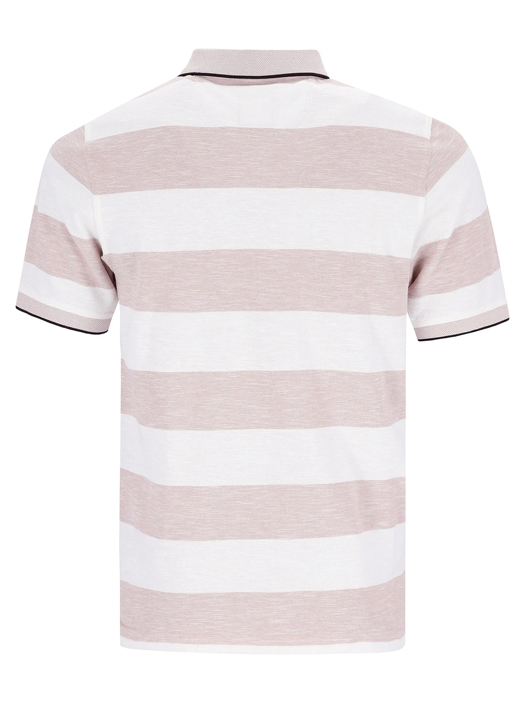 Herren polopiqué riviera polo kurzärmelig mit weißen und rosa streifen, schwarze kontrastbesätze an kragen und ärmeln