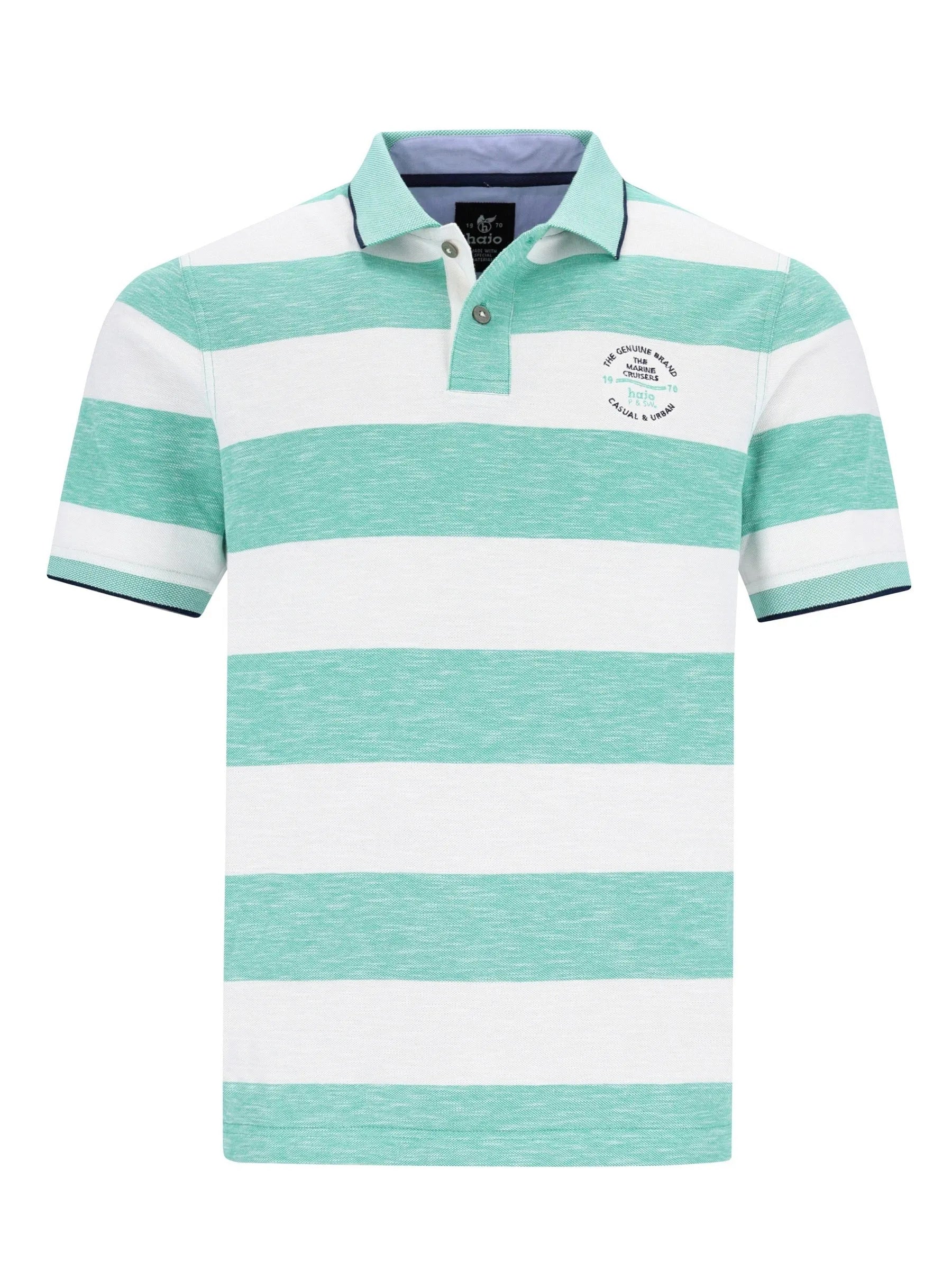 Herren polopiqué riviera polo kurzarmshirt mit horizontalen streifen in mintgrün und weiß mit marineblauem kragenrand