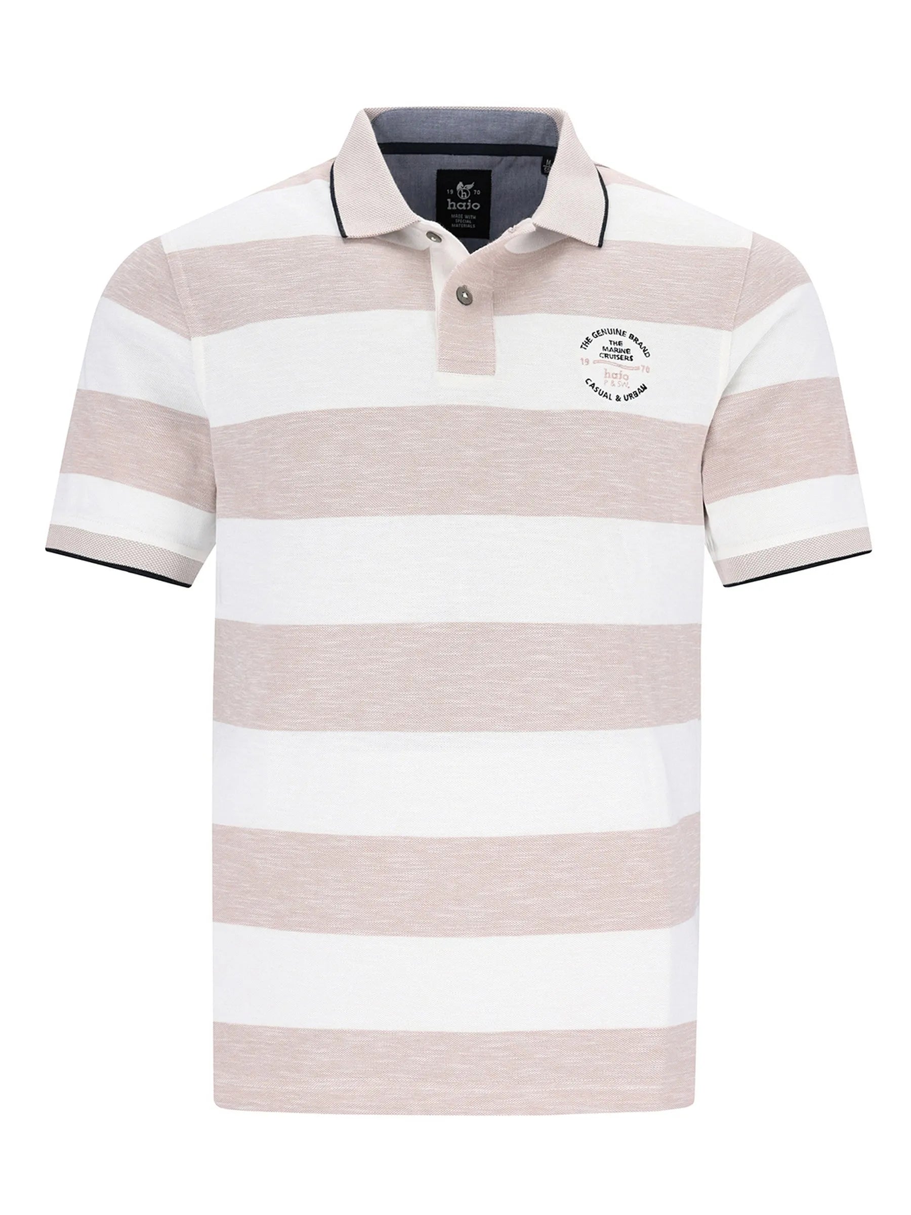 Herren Polopiqué Riviera Polo kurzärmelig mit beige weißen Streifen und schwarz abgesetztem Kragen und Ärmelbündchen