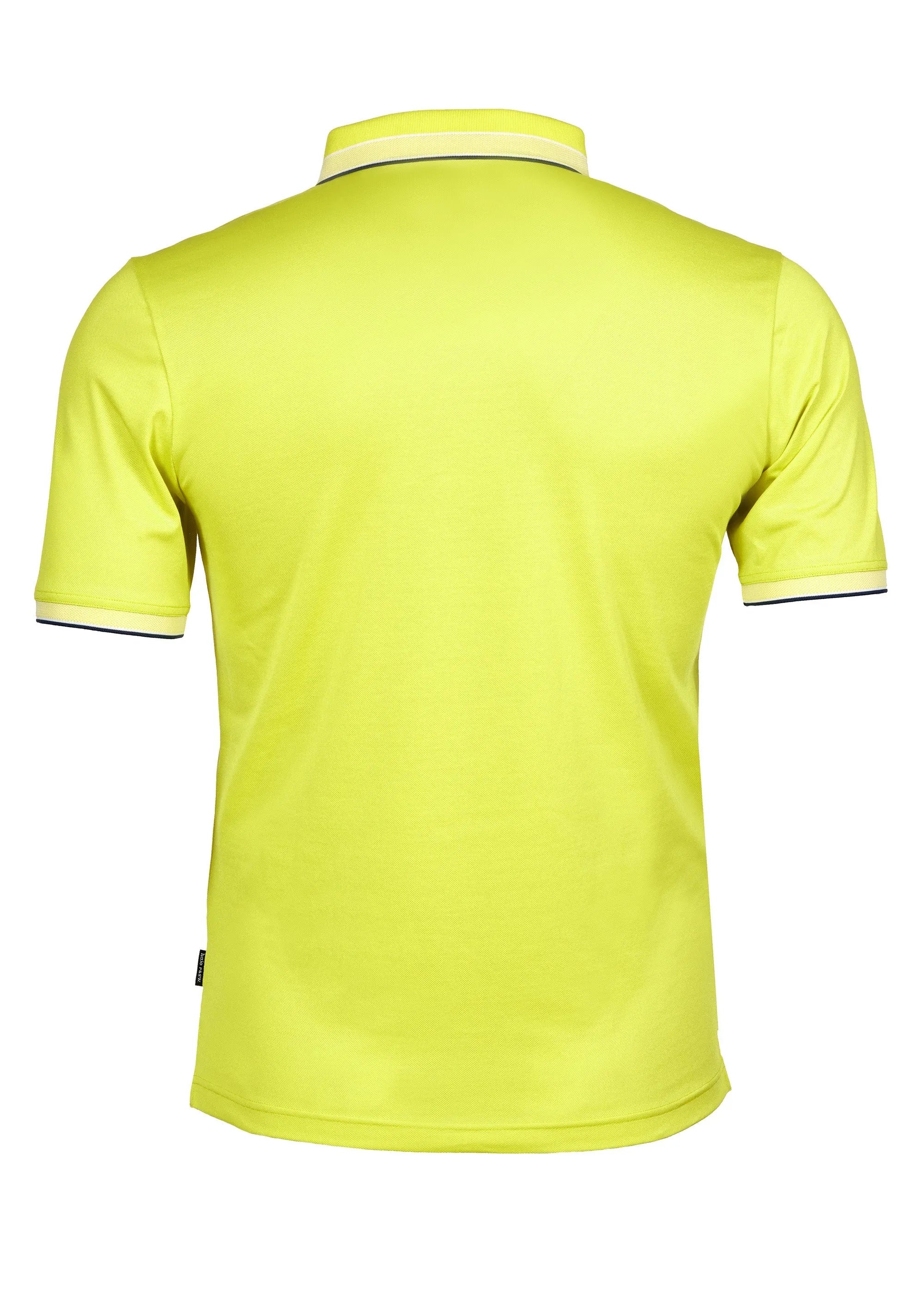 Neongelbes Polohemd mit weißem Saum und Kragen, wahrscheinlich aus Polyester oder Baumwollmischung.