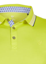 Neongelbes Poloshirt mit weiß und blau gemustertem Kragen, Knopfleiste.
