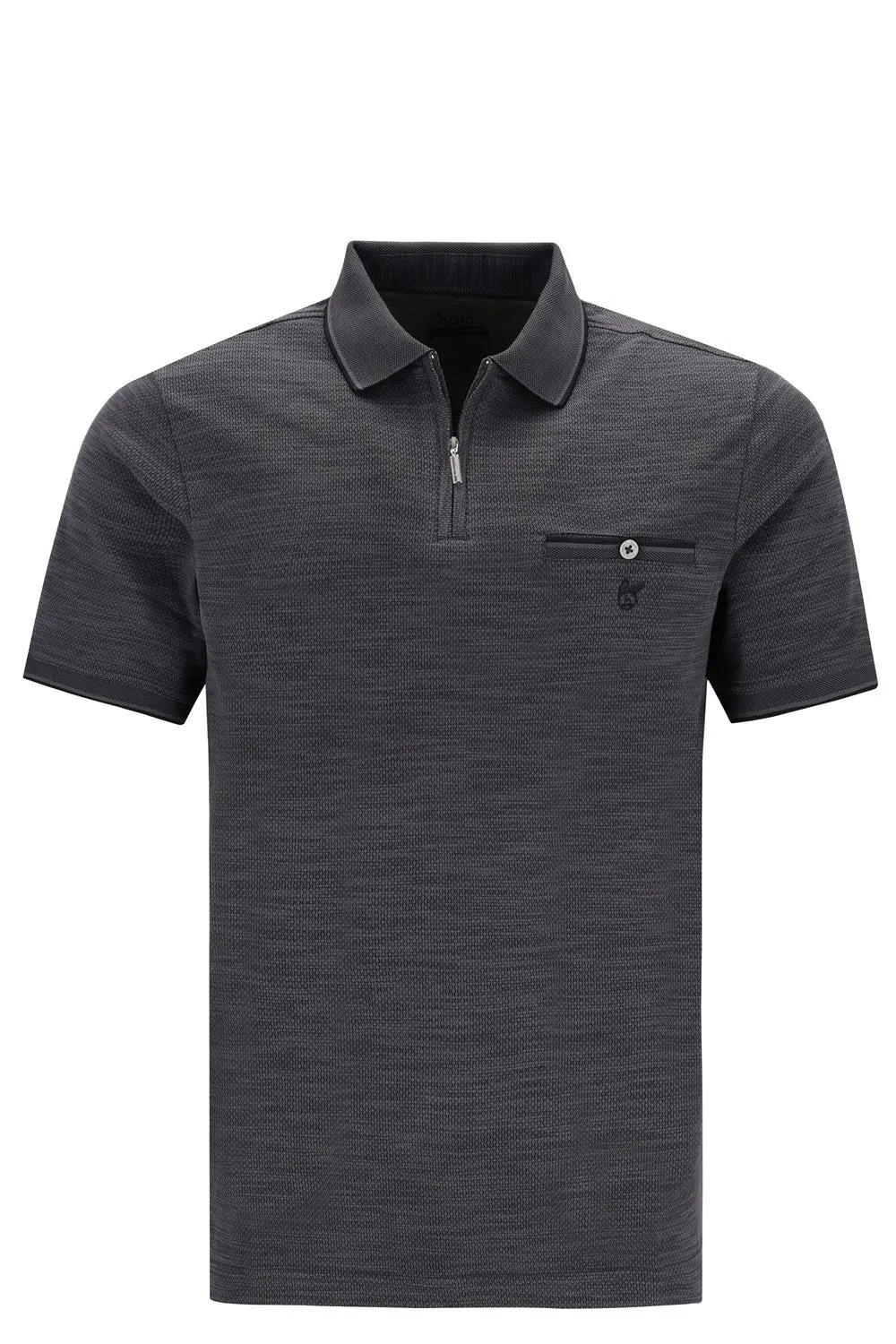 Anthrazitfarbenes Poloshirt mit einer Tasche und Reißverschlussdetail.