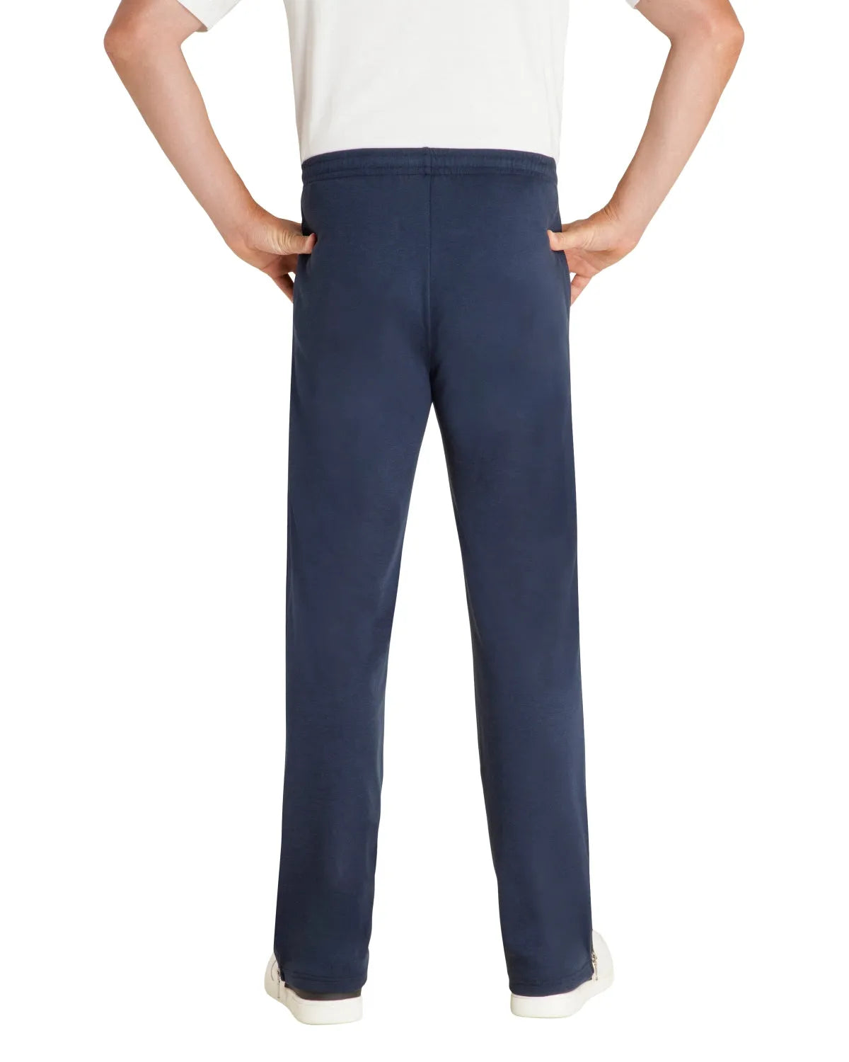 Marineblaue Stretch-Hose mit elastischem Bund und Taschen.