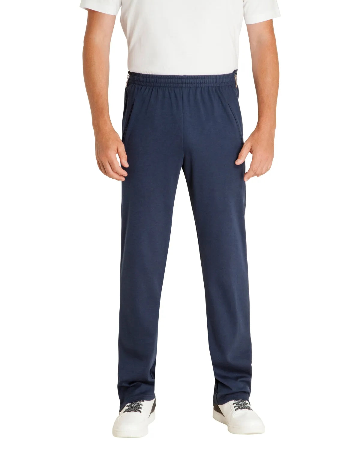 Marineblaue Sporthose mit elastischem Bund und Kordelzug, aus dehnbarem Stoff.