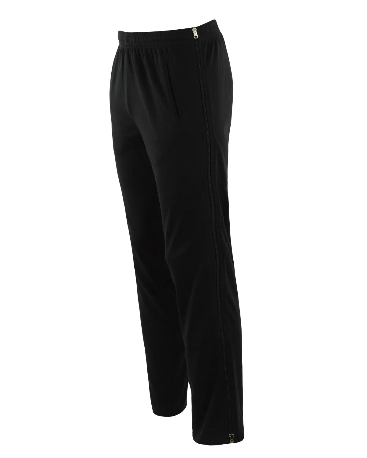 Schwarze Stretch-Hose mit silbernem Reißverschluss am Knöchel.