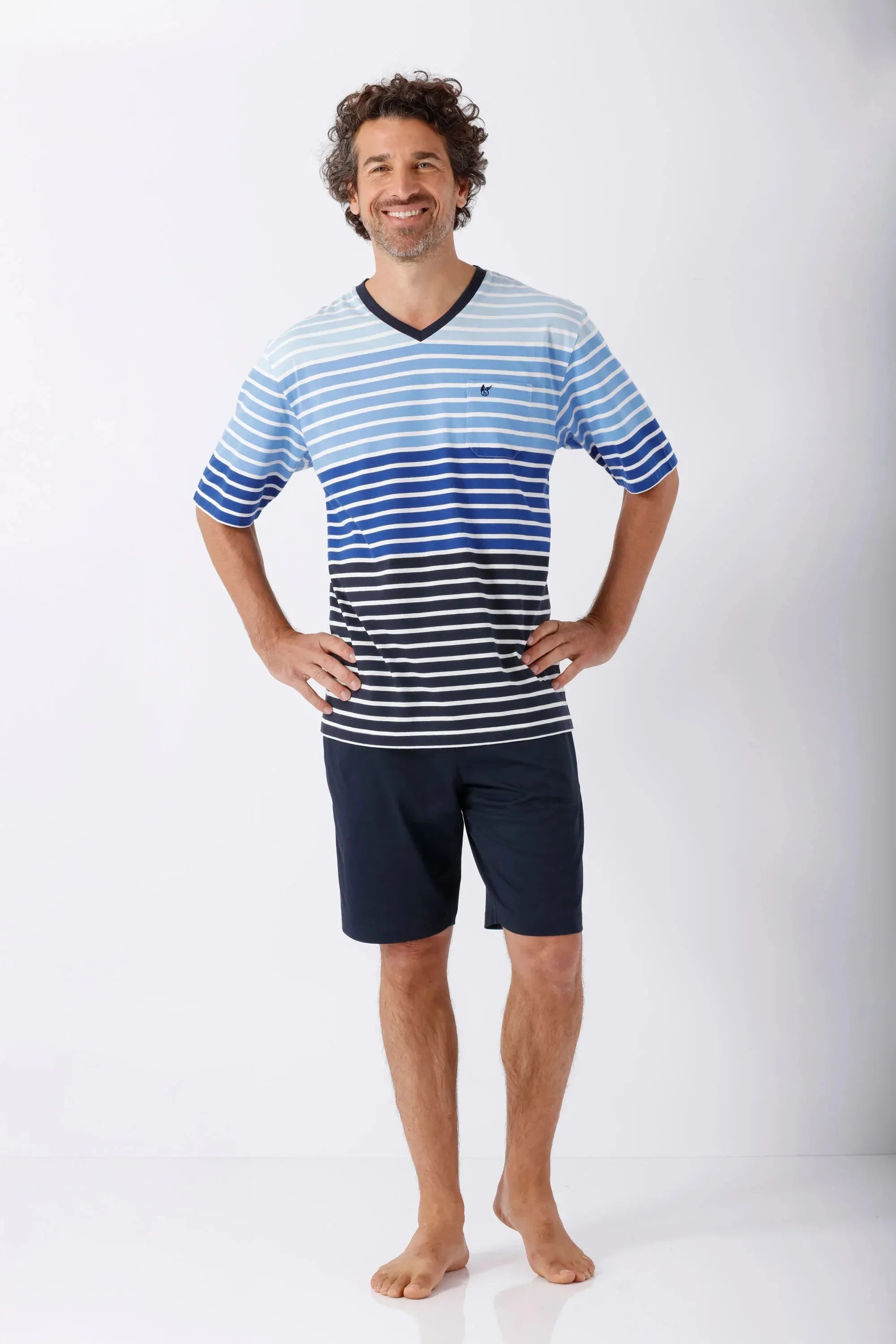 Herren V-Neck Schlafanzugoberteil Bermuda Klima Komfort gestreift