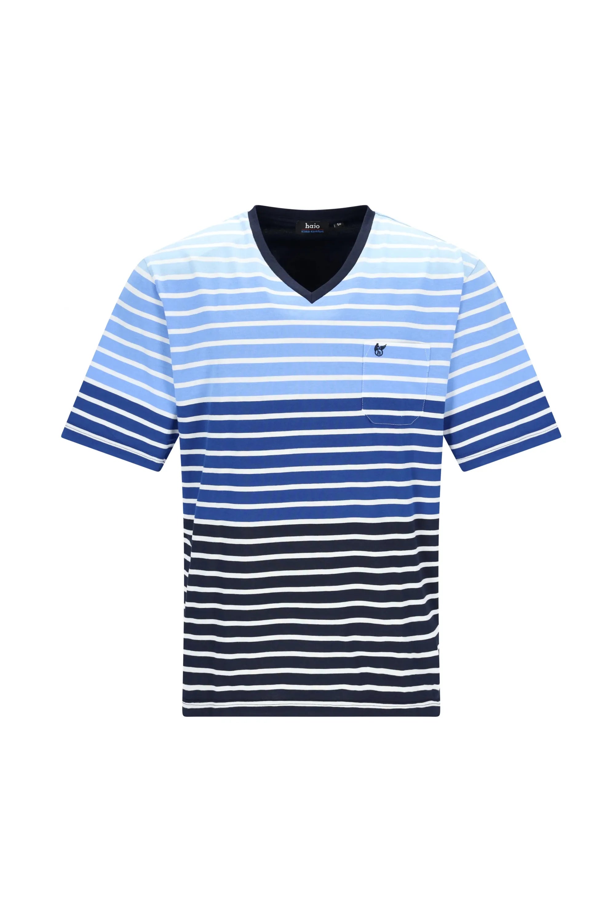 Blau-weiße gestreifte V-Neck Kurzarm-T-Shirt mit Brusttasche Klima Komfort