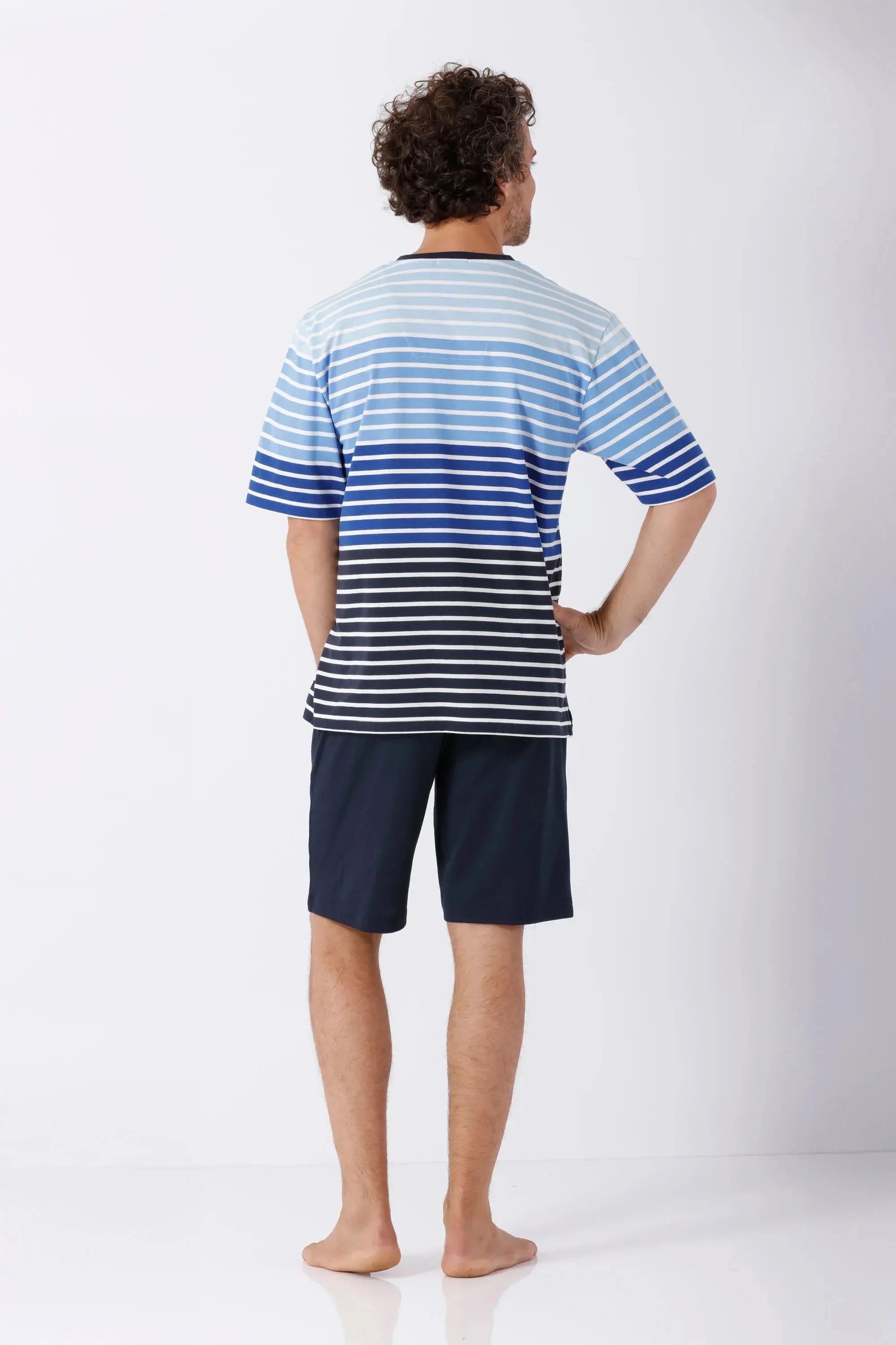 Herren Schlafanzug Bermuda Klima Komfort Original: gestreiftes kurzärmeliges Oberteil mit Bermuda-Shorts