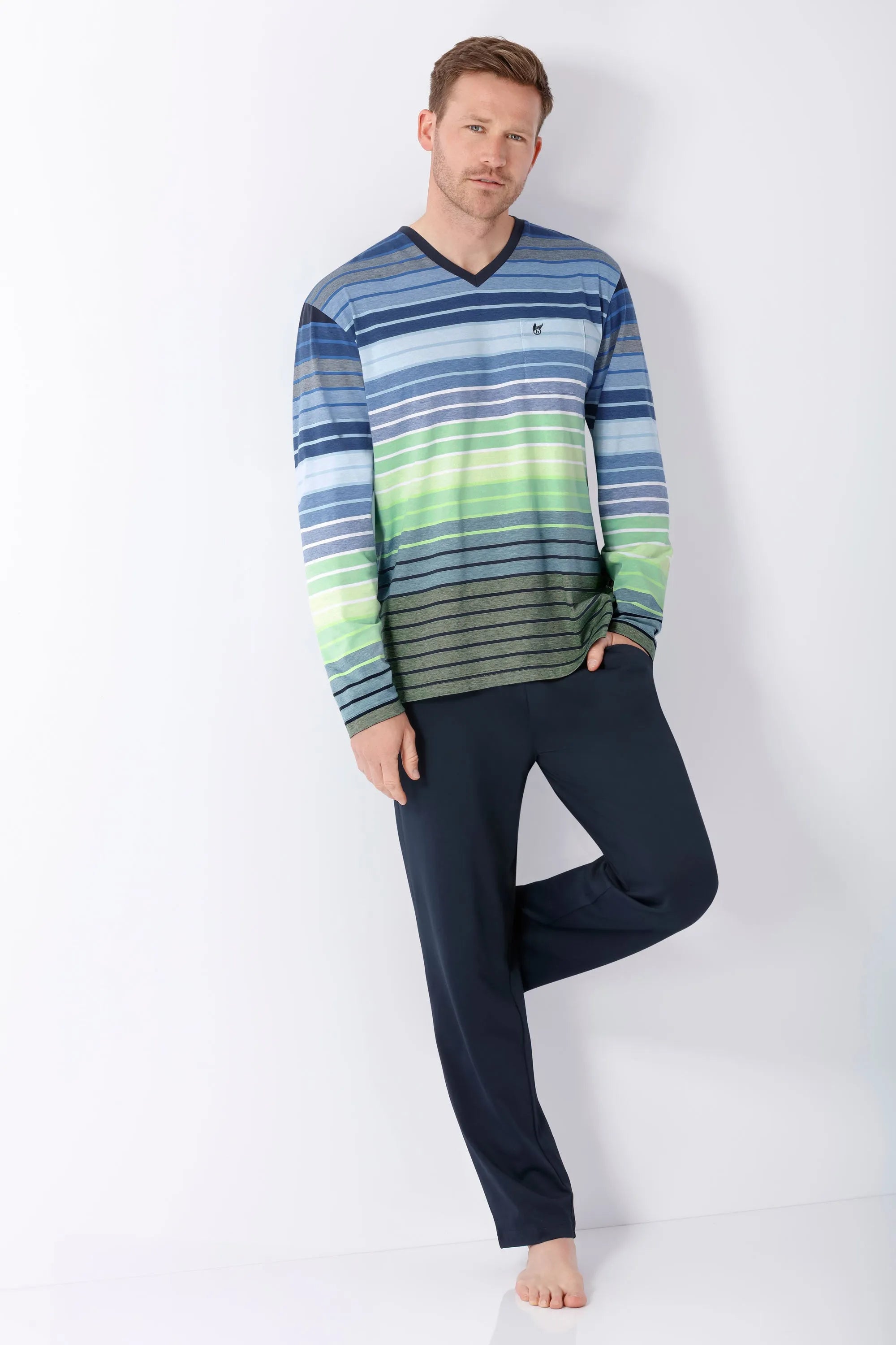 Herren Langarm-Pyjamaoberteil Klima Komfort Original blau-grün gestreift V-Neck