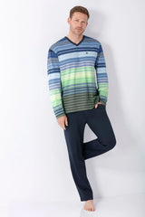 Herren Langarm-Pyjamaoberteil Klima Komfort Original blau-grün gestreift V-Neck