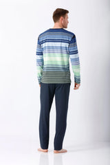 Herren Schlafanzug Klima Komfort Original: Blaue gestreifte Langarm-Oberteile mit Marinehose