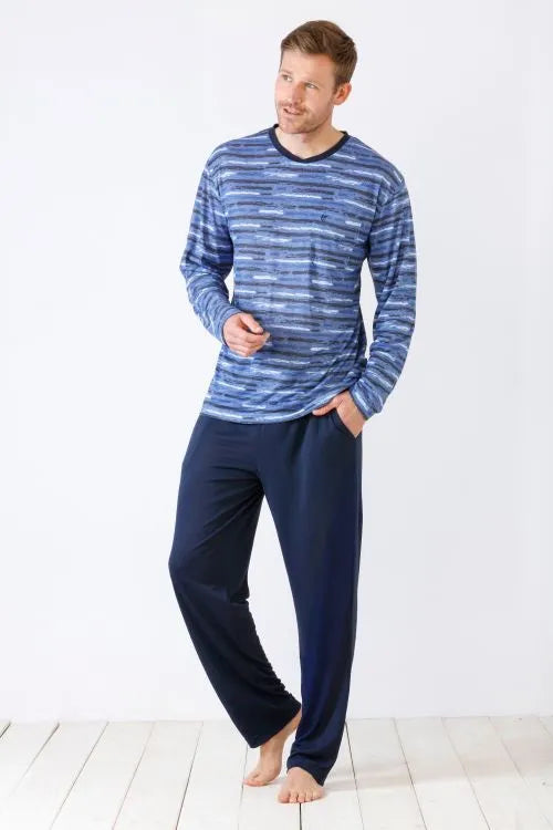 Blau weiß gestreiftes langarm schlafanzugoberteil mit schwarzem rippenkragen aus klima soft material für herren