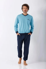 Herren Klima-Light® Schlafanzug: hellblau-海军 gestreiftes V-Neck Longsleeve