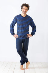 Blaues langärmeliges gestreiftes Pyjama-Set für Männer.