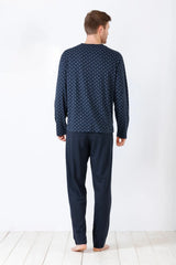 Dunkelblau gemustertes langärmeliges Pyjama-Set für Männer
