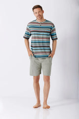 Herren Shorty Schlafanzug Klima-Light: gestreiftes Henley-Shirt in Türkis, Blau, Rosa