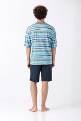 Herren Schlafanzug Shorty Bermuda Klima-Soft blau-grün gestreift
