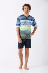 Herren Kurzarm-Pyjamaoberteil Klima Komfort Original, V-Ausschnitt, Blau-Grün-Streifen