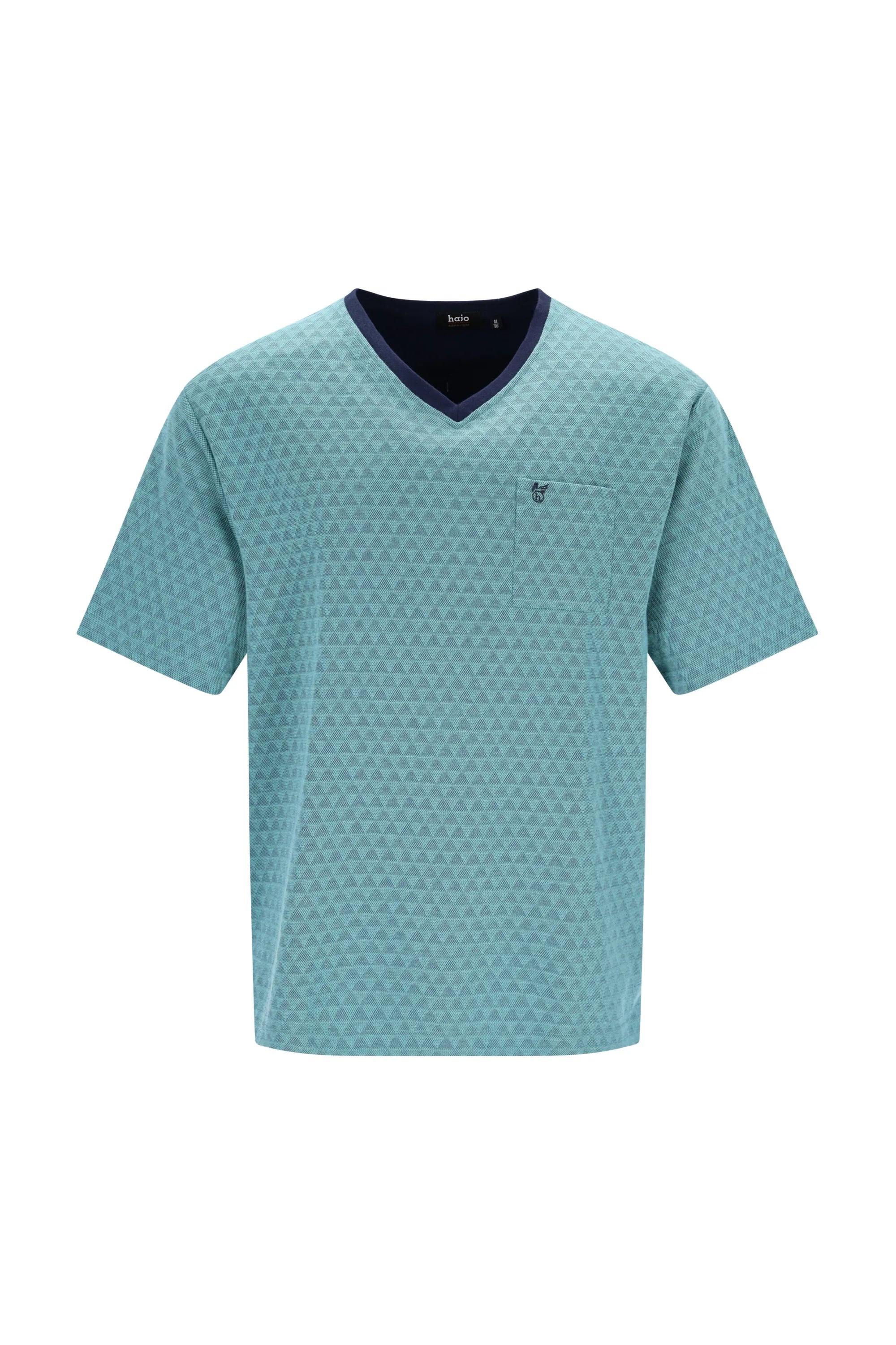 Hellblaues V-Neck Kurzarm T-Shirt mit Dreieckmuster und Marine-Saum für Herren Schlafanzug Shorty Klima-Light®