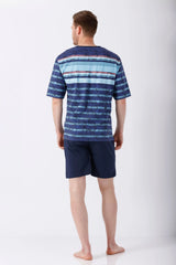 Herren navyblaues und hellblaues gestreiftes Kurzarm-Pyjama-Oberteil Klima-Light mit Marmorstruktur